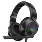 Black wired gaming headphones with RGB lighting and adjustable headband