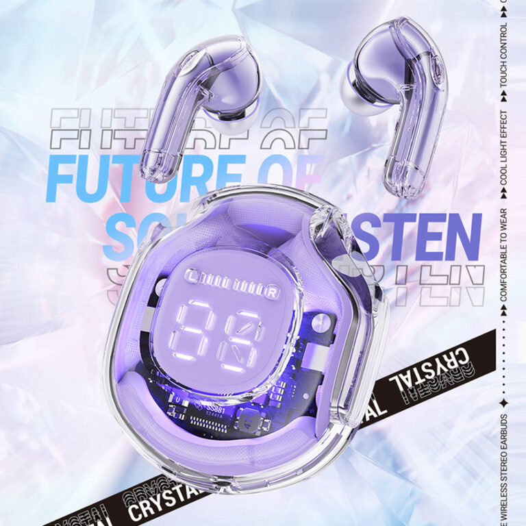 Transparent wireless headphones T8 5.3 Bluetooth with purple LED light and digital display.