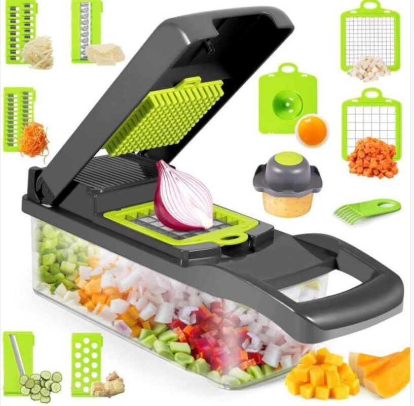 12 in 1 manual vegetable chopper for slicing, dicing, and cutting onions and vegetables efficiently.