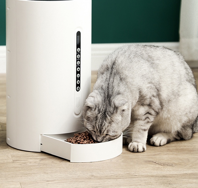 Gray cat eating from a modern smart pet feeder with automatic food dispenser on a wooden floor.