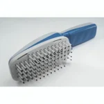 A blue and white pet grooming brush and comb with a sturdy handle designed for pet care and effective fur maintenance.