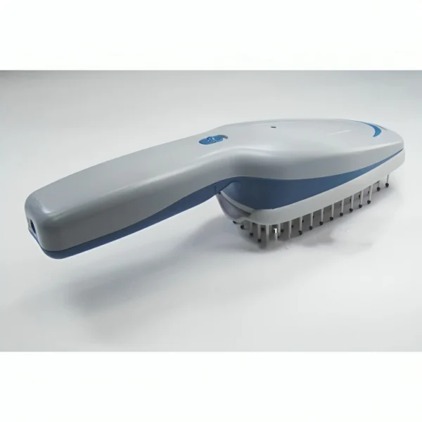 An electrical pet grooming comb and brush in blue and white are elegantly placed on a white surface, emphasizing their modern appearance.