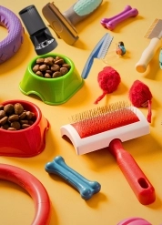 Various pet supplies, such as toys and accessories, organized on a cheerful yellow background, highlighting pet care essentials.