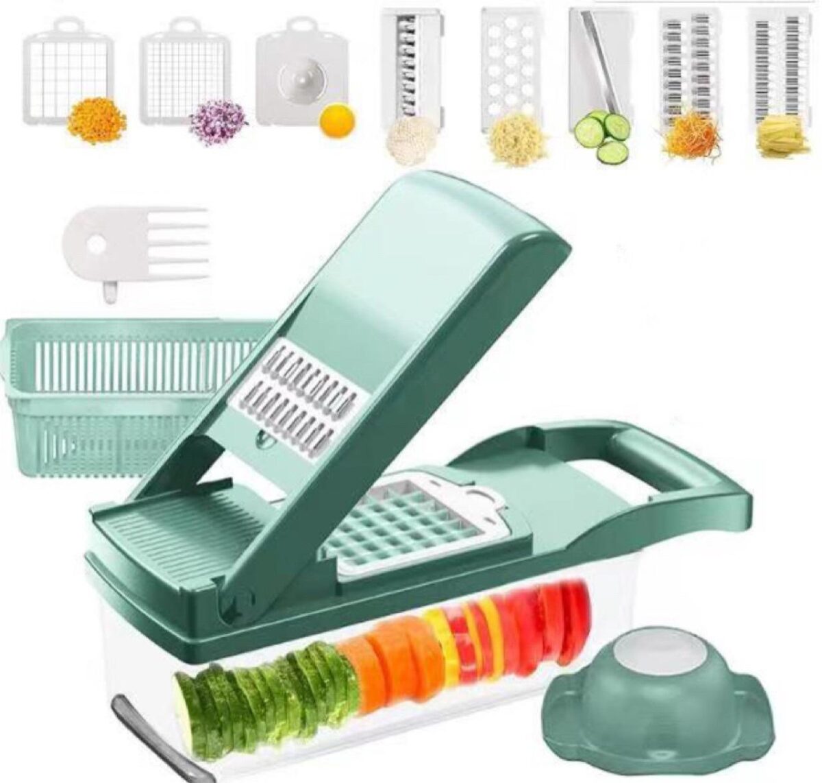 Manual food chopper with 12 blade attachments for onion cutting, slicing, and dicing vegetables like cucumbers and carrots