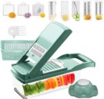 Manual food chopper with 12 blade attachments for onion cutting, slicing, and dicing vegetables like cucumbers and carrots