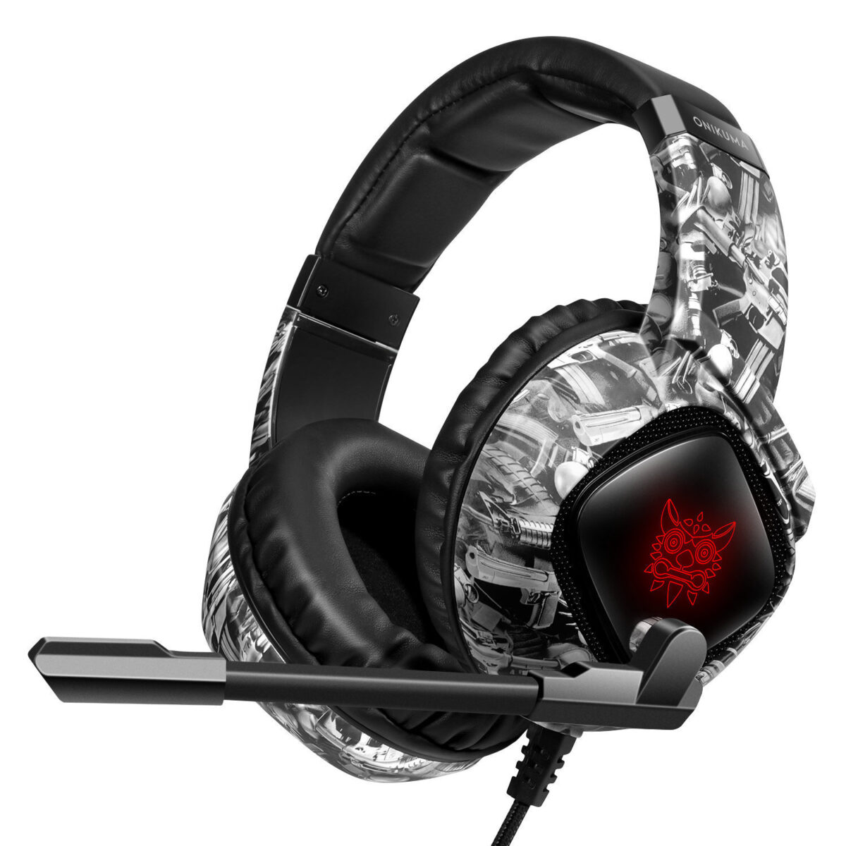 Wired gaming headset featuring RGB lighting, black and white design, and noise-cancelling microphone