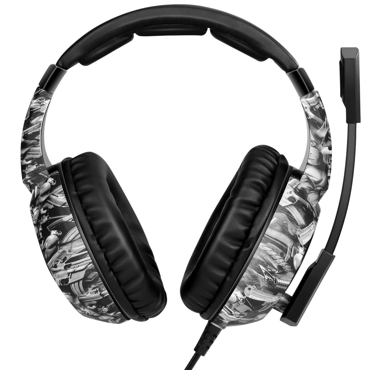 Black and white gaming headphones with unique design and noise-cancelling mic