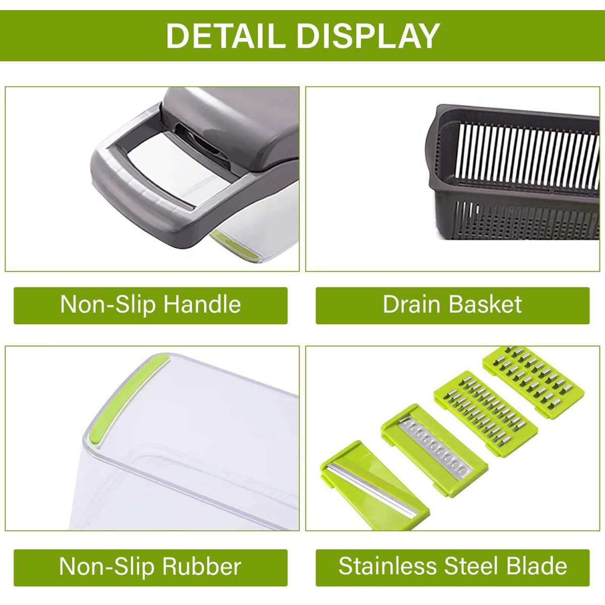 Detail display of 12 in 1 manual vegetable chopper parts: non-slip handle, drain basket, non-slip rubber, and sharp stainless steel blades.