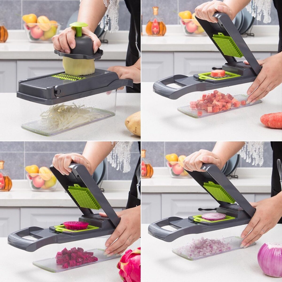 Demonstration of the 12-in-1 vegetable chopper cutting various vegetables like onions, carrots, and dragon fruit.