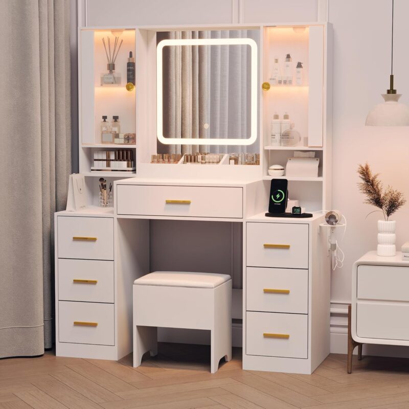 BORNOON Makeup Vanity with LED Light Strip Mirror and Chair