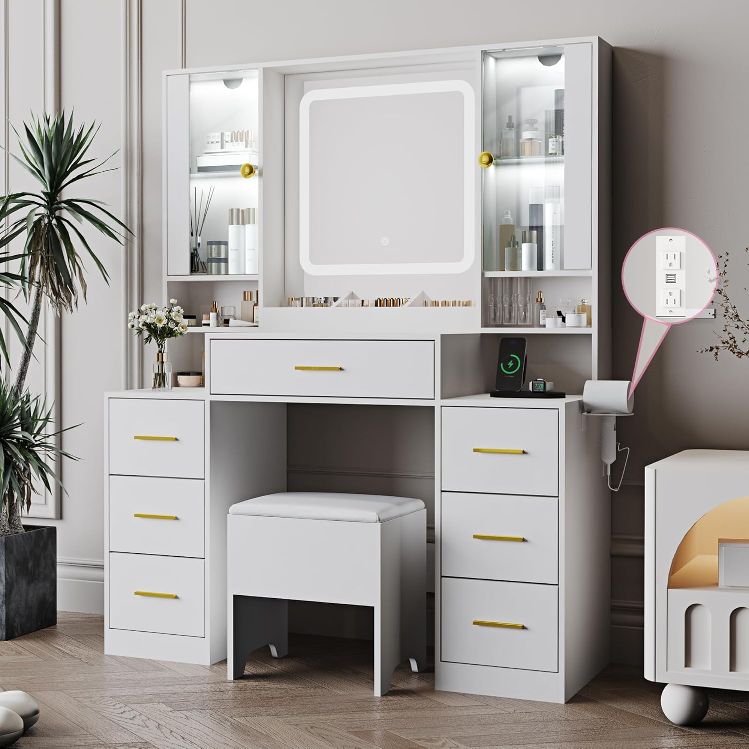 Makeup Vanity with LED Light Strip Mirror and Chair