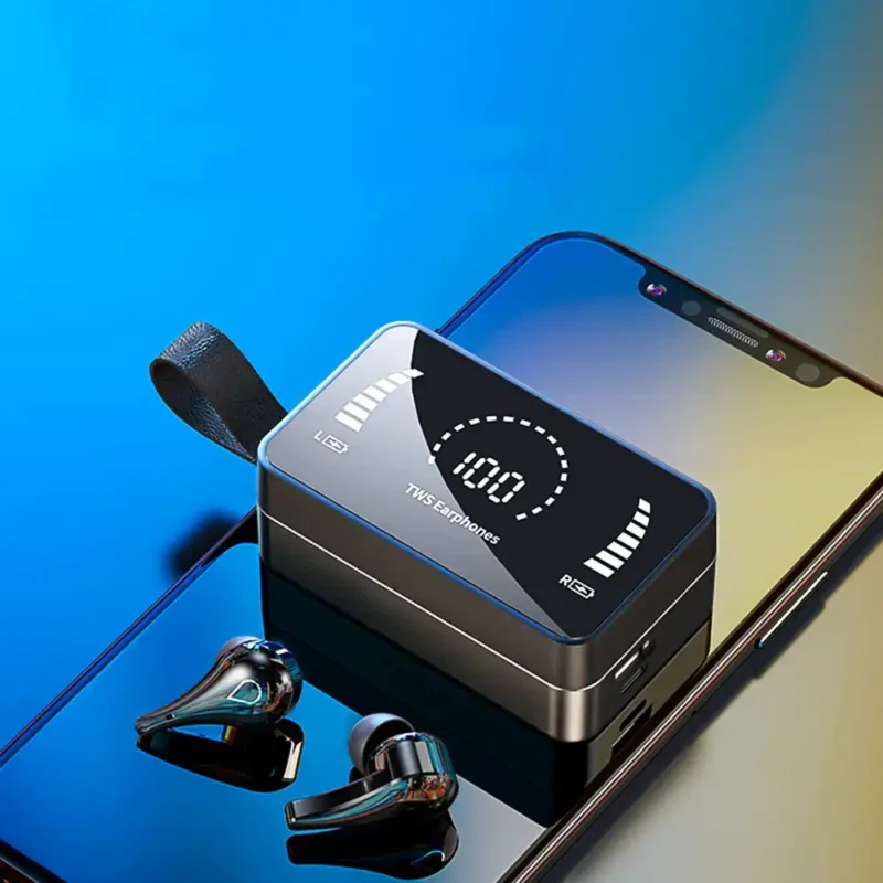 TWS earbuds charging case with digital display and smartphone