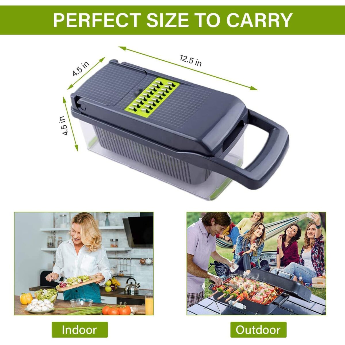 Portable 12-in-1 manual vegetable cutter with compact design, perfect for indoor and outdoor use.