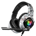 Patterned RGB light gaming headphones featuring subwoofer sound and over-ear design