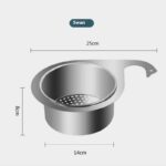 Detailed dimensions of the stainless steel swan-shaped sink strainer: 25 cm width, 14 cm bottom diameter, and 8 cm depth.