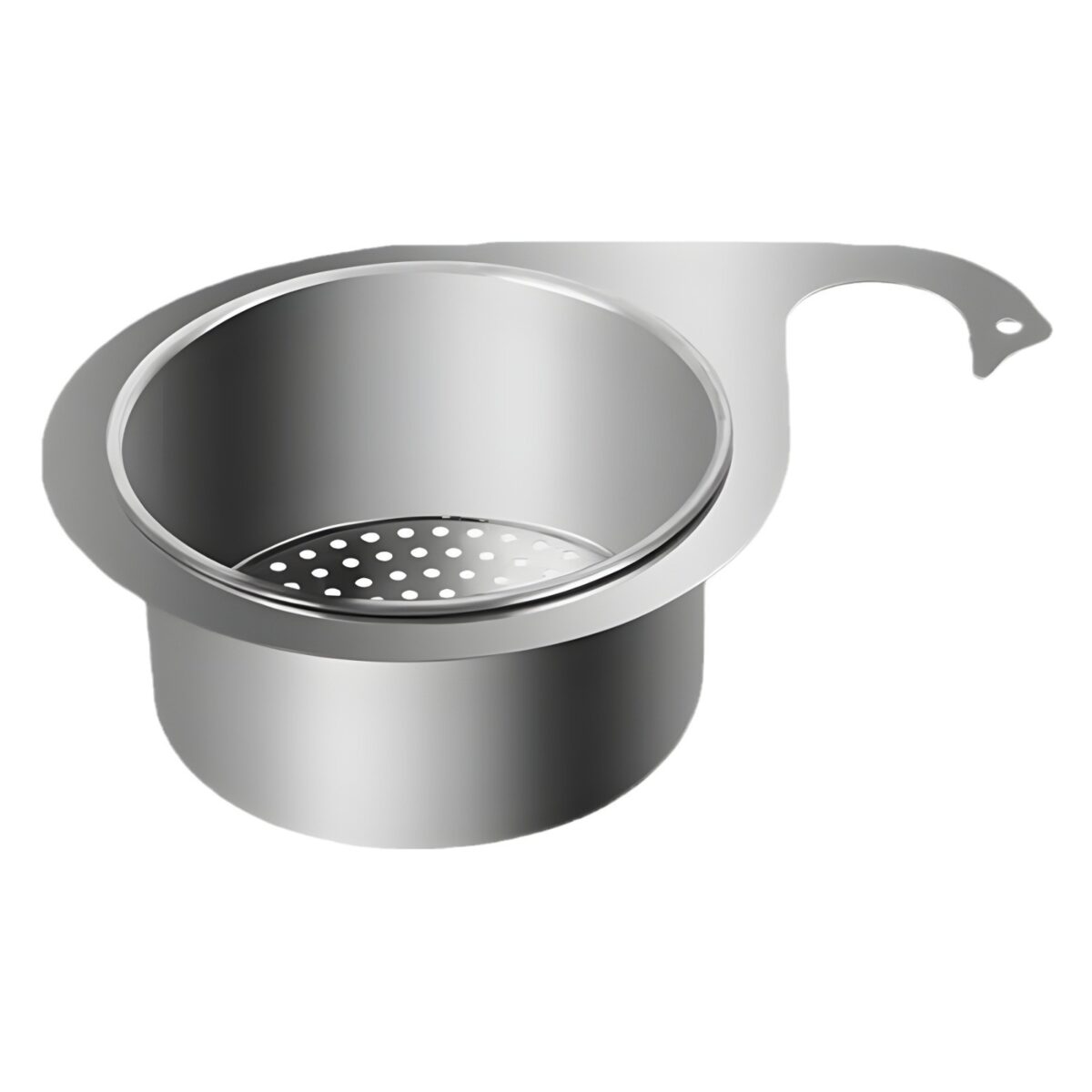 Durable stainless steel kitchen sink strainer with swan handle and perforated basket design.