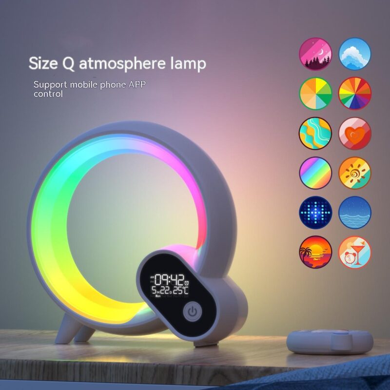 Creative Q Light alarm clock with analog sunrise, colorful atmosphere light, Bluetooth audio, and digital display.