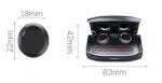 Compact wireless earbuds with charging case showing dimensions: 22mm earbud height, 18mm earbud width, 42mm case height, 83mm case length.